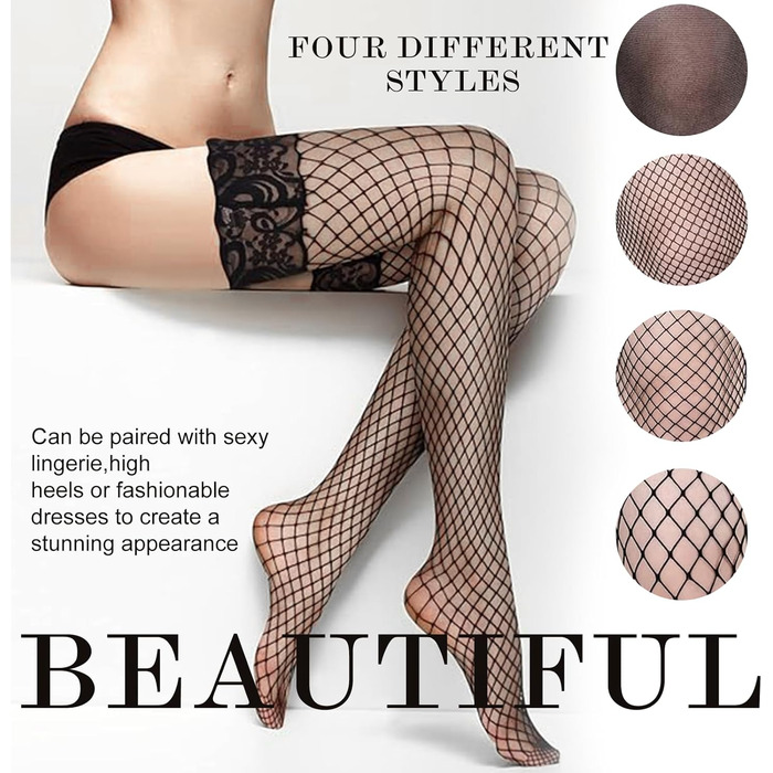 Сет з 4 пар панчох SNDE, мереживні, високі до стегна, універсальний розмір