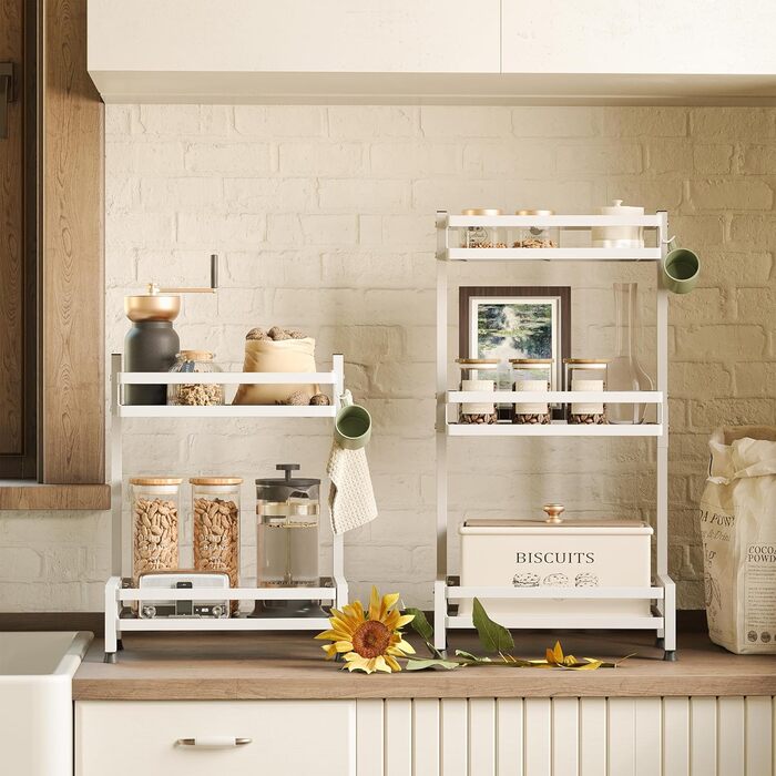 Багатофункціональна підставка для спецій NETEL, стояча, 2 рівні, підставка/тримач для спецій з нержавіючої сталі, органайзер для кухонних полиць на 4 гачки, біла, 2 рівні (базова модель)