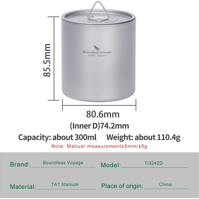 Титанова кружка iBasingo 300 мл, чашки з подвійними стінками та кришкою, надлегкі штабельовані металеві чашки для чаю та кави, міцні портативні напої для кемпінгу, подорожей та щоденного використання на свіжому повітрі Ti3242D 300 мл Ti3242d