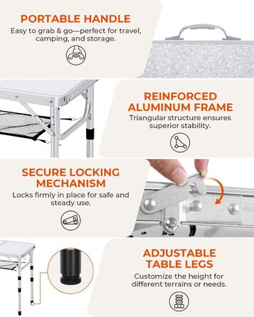 Складаний кемпінговий стіл Sportneer, регульована висота, маленький складний стіл, портативні кемпінгові столи (60 см Д x 40 см Ш (4 рівні висоти)) із сітчастим шаром для використання на вулиці, білий 60*40 см (4 рівні висоти)