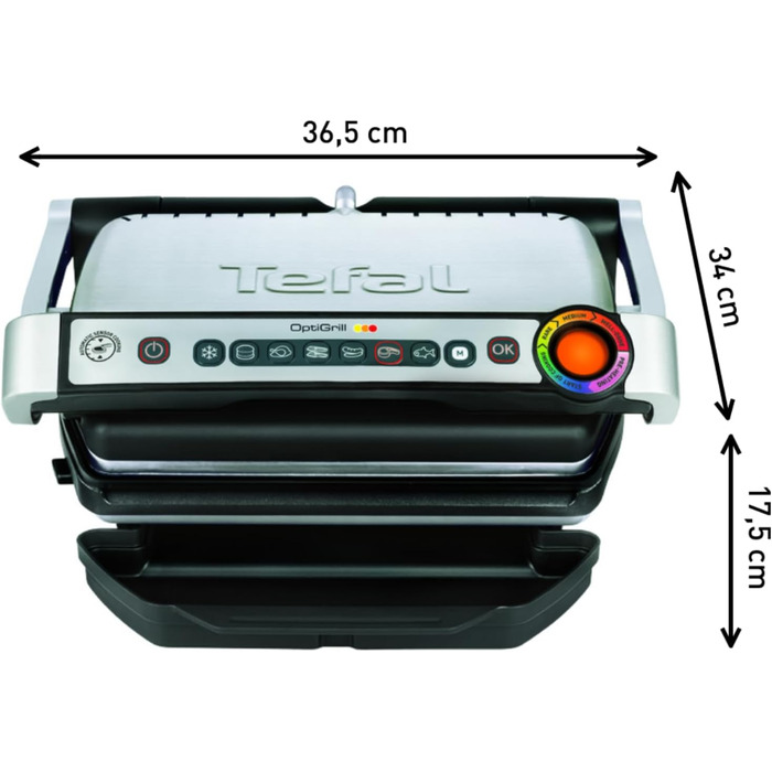 Контактний гриль Tefal OptiGrill, 6 програм, індикатор рівня приготування, знімні пластини, ручний режим, електрогриль, нержавіюча сталь, GC705D16 стандартна нержавіюча сталь-чорний