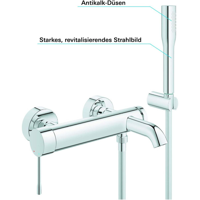 Змішувач для ванни та душу GROHE Essence з душовим набором (комплект з зворотним клапаном та автоматичним перемикачем), хром, 33628001