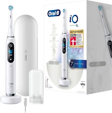 Електрична зубна щітка Oral-B iO Series 9, 7 режимів чищення для догляду за зубами, магнітна технологія та 3D-аналіз поверхні зубів, кольоровий дисплей і зарядний футляр, білий алебастр