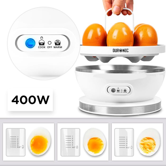 Яйцеварка Duronic EB27 WE, яйцеварка на 7 яєць, яйцеварка 400 Вт, рівень жорсткості від м'якого до твердого, захист від перегріву та таймер, яйцеварка з мірною чашкою та вибором яєць, яйце для сніданку для сім'ї