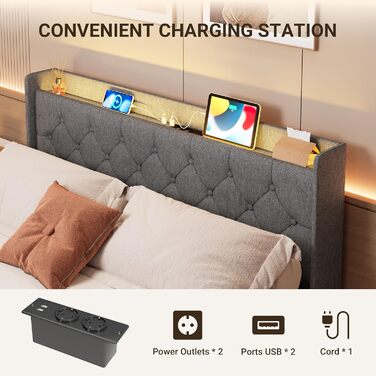 Ліжко Xbro з м&39якою підкладкою 140x200 з гідравлічним відділенням для зберігання, розетками та світлодіодним кільцевим освітленням, каркас ліжка з рейковою основою та ящиком для зберігання, двоспальне ліжко для спальні, сучасний дизайн, темно-сірий колі