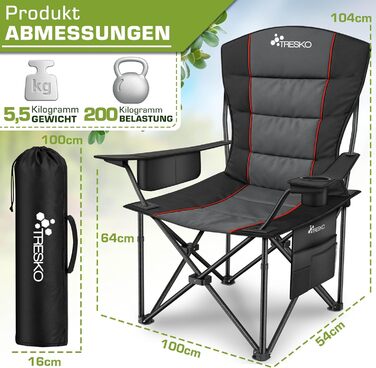 Складаний кемпінговий стілець TRESKO, витримує до 200 кг Складаний стілець з сумкою-холодильником, тримачем для напоїв та бічною кишенею Складаний стілець XXL з сумкою для перенесення М&39який рибальський стілець для використання на свіжому повітрі, рибол