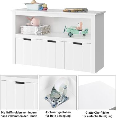 Дитяча полиця з ящиками на коліщатках, меблі для дитячої кімнати, полиця для іграшок, дитяча шафа, полиця біла з 3 ящиками, скрині