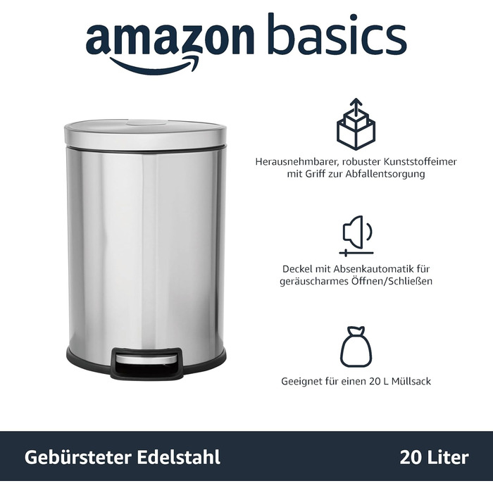 Сміттєвий бак Storeo Basics 20 л зі сталевою трубчастою педаллю - м'яке закриття з кришкою, для кухні, ванної кімнати або офісу, ц
