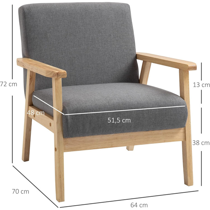 Крісло HOMCOM з підлокітниками, обіднє крісло, розслаблююче крісло з лляним виглядом, м&39яке крісло для вітальні, спальні, каркас з масиву дерева, 64 x 70 x 72 см, сірий