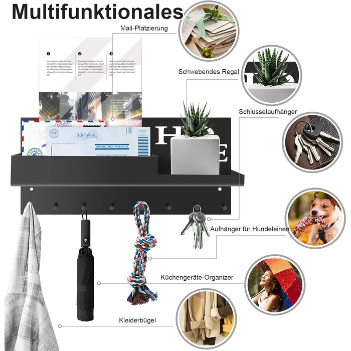 Ключниця VOIMO з полицею, сучасний настінний органайзер для ключів з тримачем, ключниця на 8 гачків з настінним органайзером та ло