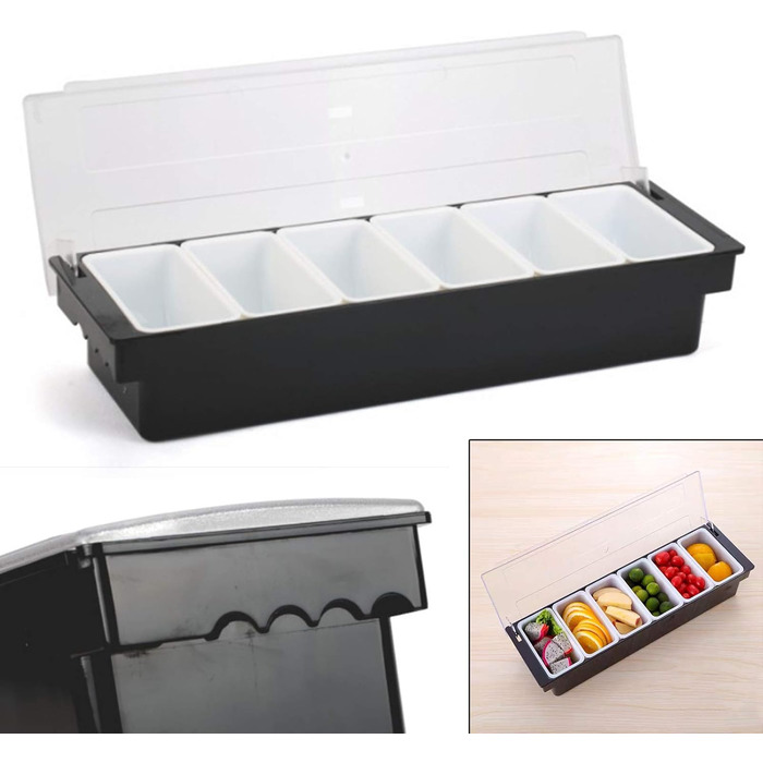 Набір контейнерів для подачі страв Смаколик 6 відділень, пластиковий та металевий контейнери для овочів, фруктів, спецій та гарнірів з кришками
