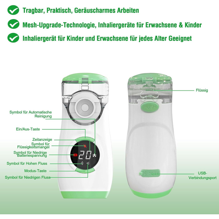 Інгалятор з цифровим дисплеєм, інгалятор для дорослих та дітей, інгалятор-небулайзер з маскою та мундштуком, надлегкий, маленький, зручний для перенесення, зелений