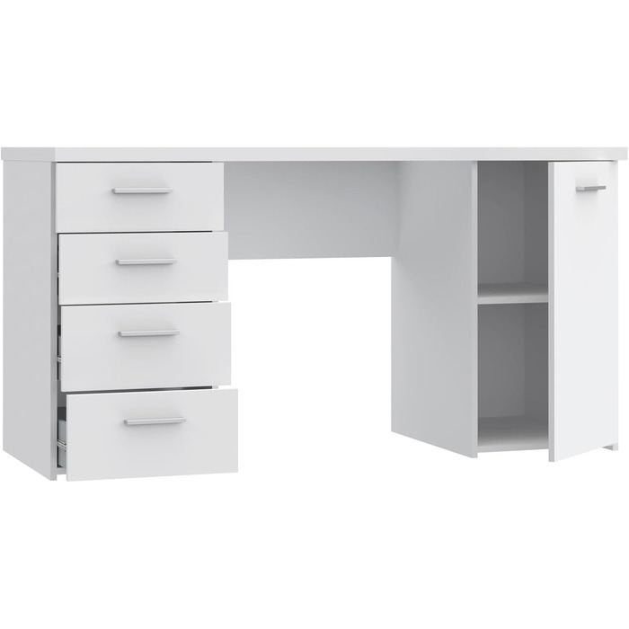 Письмовий стіл FORTE Net106 з 4 шухлядами та 1 дверцятами, інженерна деревина, матово-білий, 145 x 60 x 76,3 см. Матово-білий, 4 шухляди, 1 дверцята.