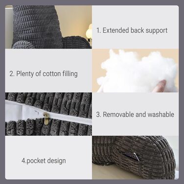 Подушка для читання зі спинкою, зручна спинка з підлокітниками, знімна для дорослих з кишенями для ліжка та дивана, для телевізора, мобільних телефонів (темно-сіра)