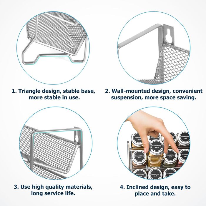 Стійка для спецій, металева кухонна полиця, вміщує багато банок для спецій, органайзер для спецій для кухонної шафи, 24 пластикові банки для спецій, 80 етикеток, лійка та крейдяний маркер (сріблясто-сірий), 4T