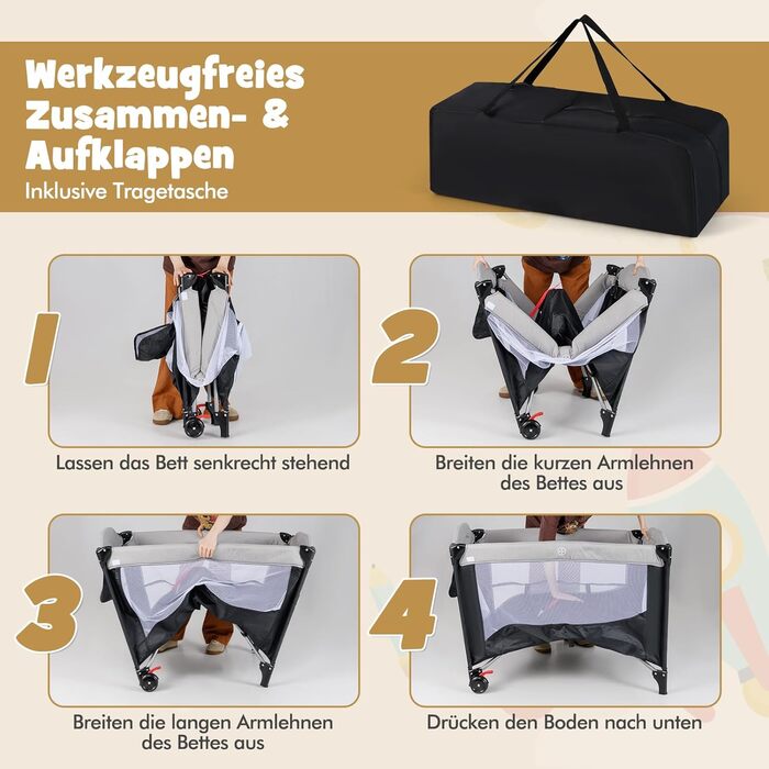 Дорожнє ліжечко з матрацом, дитяче ліжечко 5-в-1 з колесами, пеленальний килимок та музичний мобіль, дитяче ліжечко 110x76 см з сумкою для перенесення, для новонароджених та немовлят (сірий)