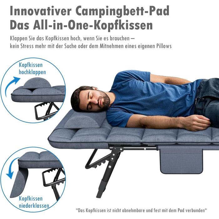 Складаний шезлонг з 4 регульованими положеннями спинки, портативна універсальна комбінація кемпінгового ліжка/шезлонга для саду, басейну, патіо, м&39який матрац та подушки - синій