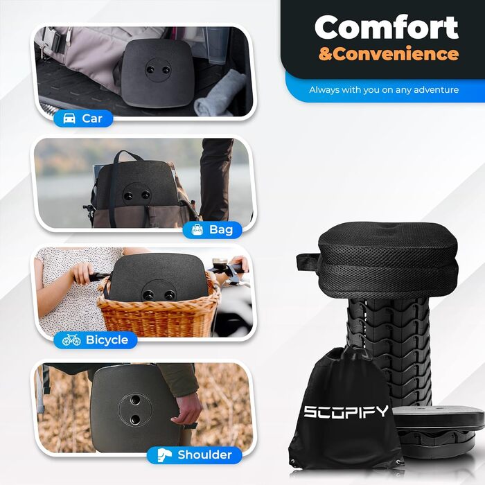 Портативний телескопічний стілець з подушкою та сумкою для перенесення складаний стілець, регульована висота 645 см, стійкий до 200 кг, квадратний телескопічний стілець для кемпінгу, саду, риболовлі та подорожей