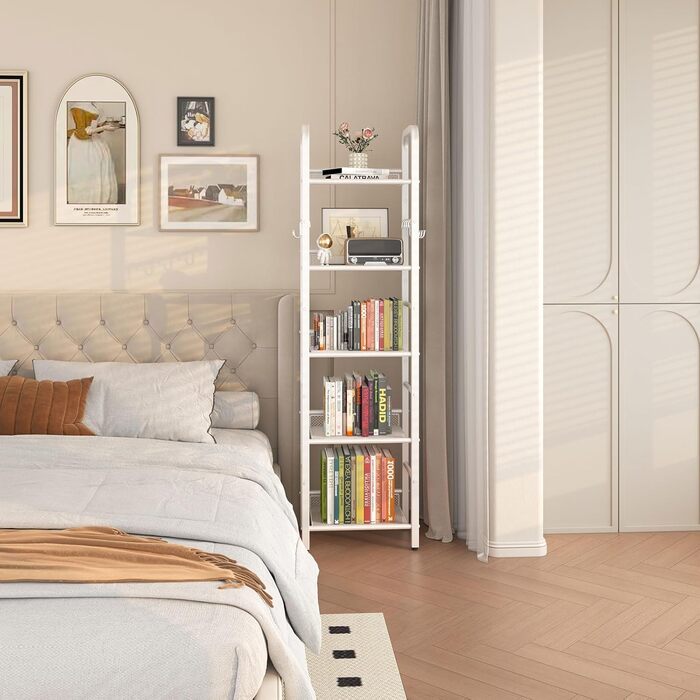 Окремостояча полиця, книжкова полиця, полиця для зберігання з 5 рівнями, 8 S-подібних гачків, металевий каркас, мінімалістичний стиль, органайзер для вітальні, домашнього офісу, спальні, ванної кімнати, білий HBC055W 146 см білий