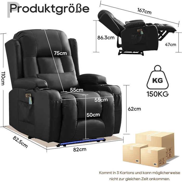 Крісло для телевізора з розкладним підйомником, масажне крісло з електрорегулюванням, функцією відкидання та підставкою для ніг, крісло для телевізора зі штучної шкіри з функцією підігріву, крісло для кінотеатру зі світлодіодним підсвічуванням/USB для віт