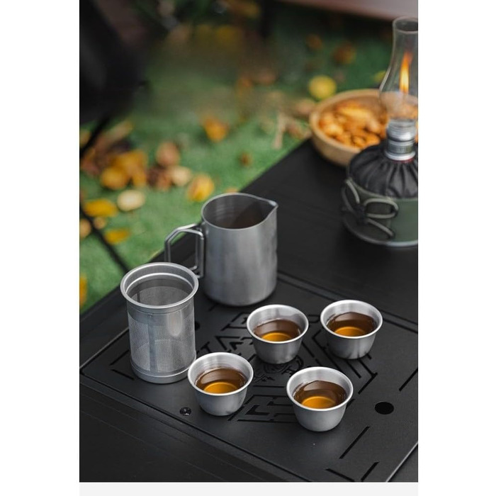 Чайний сервіз з нержавіючої сталі 304 для подорожей та кемпінгу на 4 особи, з фільтром та герметичним носиком, включає чайник та 4 чашки