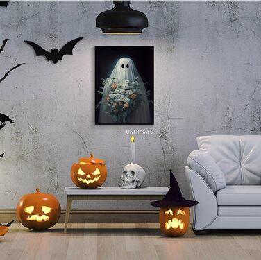 Хелловін привид полотно мистецтво, смішні, милі привиди з квітами плакат, темна академія, моторошна прикраса кімнати, естетичний,
