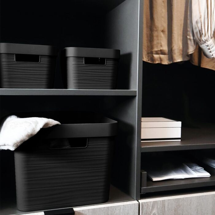 Набір із 6 ящиків для зберігання Stimo об&39ємом 30 л, пластикові кошики для зберігання з ручками, для полиць у ванній кімнаті, органайзери (чорний, набір із 6 предметів 30 л) Чорний набір із 6 предметів 30 л