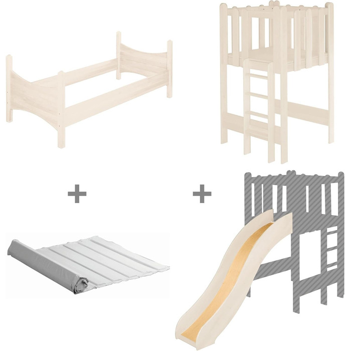 Дитяче ігрове ліжко-будиночок BioKinder дерев'яне ліжко з вежею і гіркою Ной з сертифікованого масиву сосни натурального білого ко