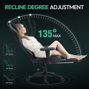 Ігрове крісло Dowinx, ергономічне офісне крісло з функцією масажу та підігріву, дихаюча пружинна подушка типу дивана, регульоване комп&39ютерне крісло з підставкою для ніг, підтримка спини та шиї, чорний/зелений