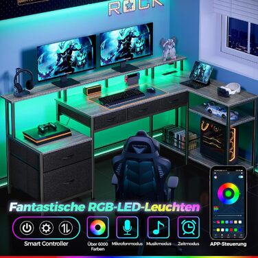 Г-подібний стіл Rolanstar з шухлядами, двосторонній ігровий стіл з розеткою, світлодіодним освітленням та підставкою для монітора, комп&39ютерний стіл 163 см для офісу, кабінету, спальні, сірий