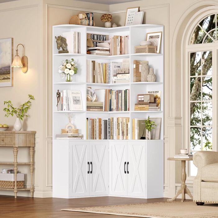 Кутова книжкова шафа FirFurd 187 см з дверцятами, 12 відділень, L-подібна дерев&39яна вітрина, висока шафа, полиця з дверцятами для вітальні, кабінету, офісу, кухні, 187 x 80 x 80 см, білий