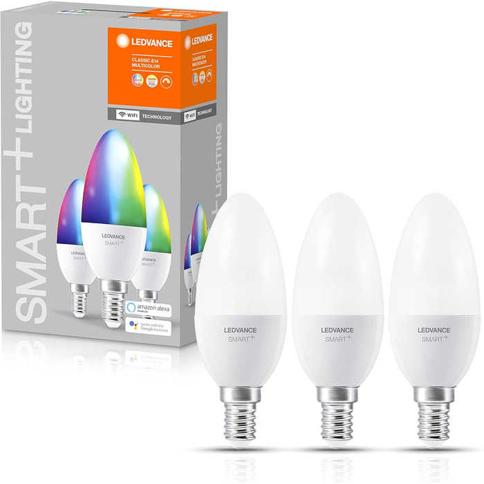 Світлодіодна лампа LEDVANCE Smart LED з технологією WiFi, цоколь E14, регулювання яскравості, зміна кольору світла (2700-6500K), зміна кольорів RGB, замінює лампи розжарювання 40 Вт, SMART WiFi Candle Multicolour, упаковка 3 шт.