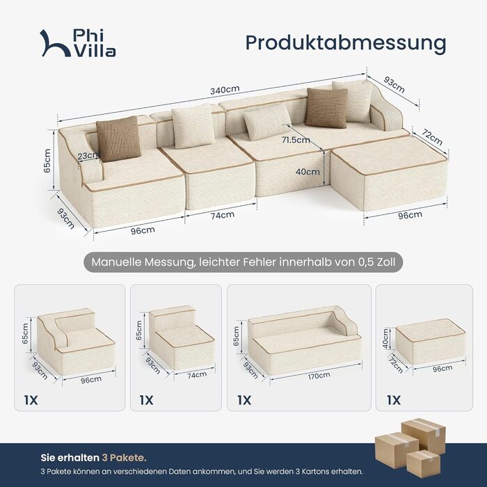 Кутовий диван PHI VILLA зі сном, Cloud, безкістковий диван, 5-місний L-подібний модульний диван для вітальні, вельвет, не потребує складання, бежевий, 5-місний, бежевий