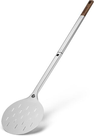 Кругла, лопата з перфорованого алюмінію з ручкою з дерева акації та штепсельним механізмом, термостійкий для печі для піци 95 см x