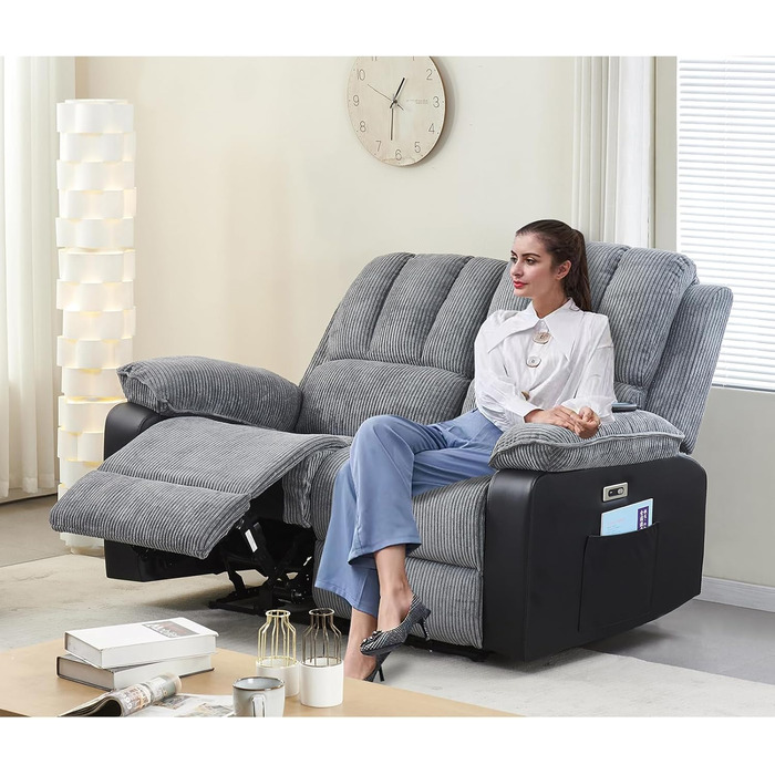 Розкішне багатофункціональне масажне крісло LSLIFE з підігрівом електричного масажного дивана, кріслом для телевізора, шезлонгом, відкидним кріслом, високоякісною шкірою, ергономічним одномісним диваном, заряджається через USB (сіре двоспальне ліжко)