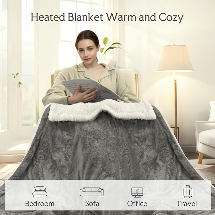 Електрична ковдра з підігрівом та автоматичним вимкненням, 130x160 см, фланель та бавовна, 9 налаштувань температури та 9-годинний таймер, захист від перегріву, м&39яка та приємна для шкіри, можна прати в пральній машині, для дивана/ліжка, світло-сірий 00