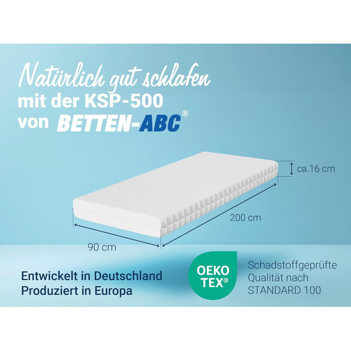 Ліжка ABC - Матрац (KSP-500) - 90x200 см (H4) - 7-зонний матрац з холодної піни - Гіпоалергенний та антибактеріальний - Сертифіковано Oeko-TEX - Знімний чохол, який можна прати - Доставка посилкою