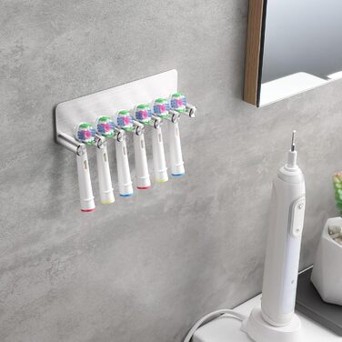 Тримач для електричної зубної щітки OETAMS без свердління, настінний тримач для зубної щітки на 6 насадок для електричних щіток, тримач для зубної щітки з нержавіючої сталі, самоклеючий тримач для головки зубної щітки, срібний