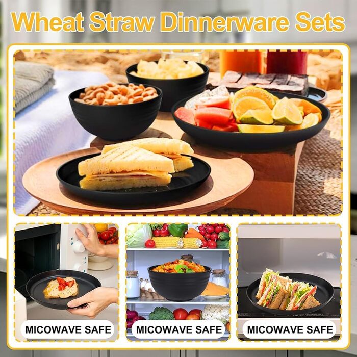 Набір посуду для кемпінгу з нержавіючою сталлю, міцний пластиковий посуд, легкий, яскравий та багаторазовий для пікніків, барбекю та саду, придатний для миття в посудомийній машині, чорний