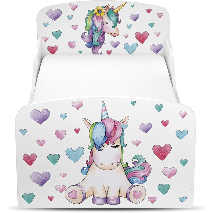 Функціональне ліжко Leomark з дерева - єдиноріг - дитяче ліжко з матрацом для дітей, дерев'яне ліжко з рейковою рамою з бічним зах