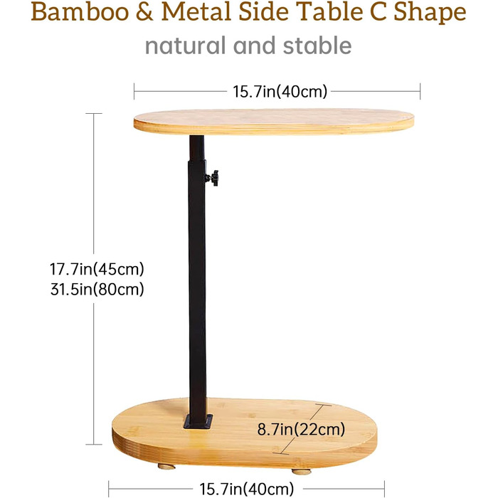 С-подібний бічний столик, регульований по висоті, маленький столик, журнальний столик з бамбука та металу, журнальний столик для дивана, бічний столик, тумбочка для дивана, тумбочка для вітальні, ванної кімнати, ліжка, дивана та кави, стиль 1