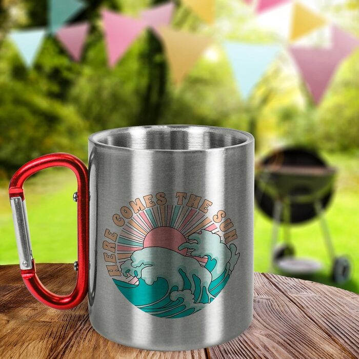 Металева кружка з нержавіючої сталі з карабіном, приблизно 330 мл, Сонце сходить - Кемпінгова кружка - Подарунки для чоловіків та жінок на свята