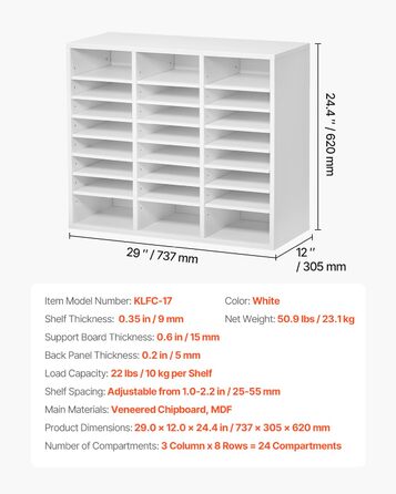 Лоток для документів VEVOR з 24 відділеннями та регульованими полицями, лоток для сортування файлів, листів та документів, виготовлений з ДСП та МДФ, для зберігання в офісному класі, білий