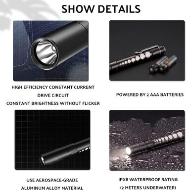 Професійний аварійний ліхтарик-ручка, світлодіодний ліхтарик із затискачем, колірна температура 5000K, простий у використанні та перенесенні, регульована яскравість, водонепроникний IPX8, стійкий до падінь