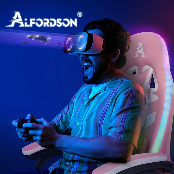 Ігрове крісло ALFORDSON, гоночне ігрове крісло зі світлодіодним RGB-підсвічуванням, масажне комп&39ютерне крісло з підставкою для ніг, ергономічне поворотне крісло з важільною спинкою, рожеве