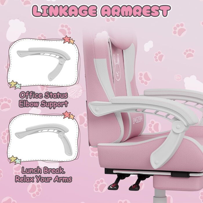 Ігрове крісло bigzzia з функцією масажу та підставкою для ніг ергономічне ігрове крісло для дівчат та дорослих, ігрове крісло з опорою для голови та попереку та котячими вушками (рожево-біле)