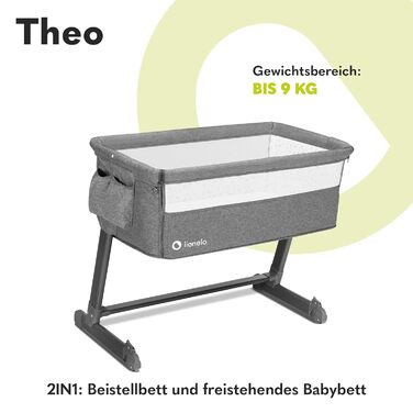 Дитяче ліжечко Lionelo Theo 2-в-1, дорожнє ліжечко, приліжкове ліжечко для дітей від народження до 9 кг, регульована висота, регульований кут нахилу, складна бічна панель, матрац, москітна сітка (сірий) сірий (1 упаковка)