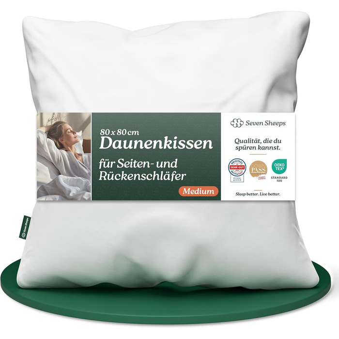 Пухова подушка 80x80 середнього розміру для сну на спині та на боці, 3-камерна подушка 80x80 пух, помітно підтримує та приємно м&39яка, можна прати в пральній машині, DOWNPASS (не вищипує живі предмети), Oeko-TEX