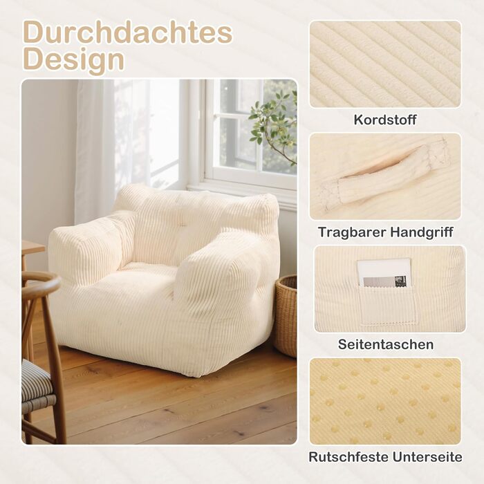 Крісло-мішок Pamapic для дорослих, наповнене крісло-мішок з портативною ручкою, сучасне ергономічне крісло-мішок, крісло-мішок для приміщень для вітальні, спальні, ігрової кімнати, бежевий 70Г x 80Ш x 55В см