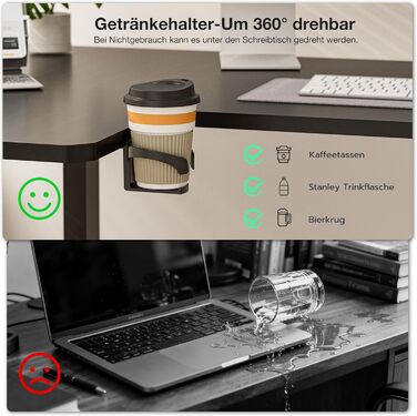 Кутовий стіл, регульований по висоті, L-подібний, 150 x 100 см, електричне регулювання висоти, ергономічний стіл з підставками для чашок та гачками, міцний офісний стіл, чорний, L-подібний, 59